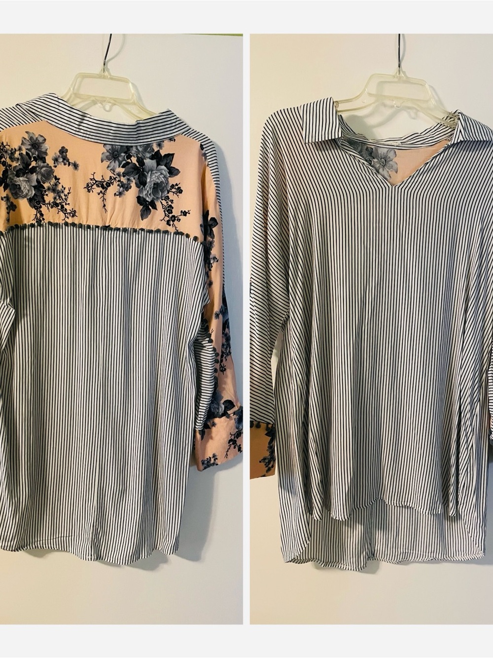 Striped V-Neck Mixed-Print Blouse in Peach and Navy Floral Large